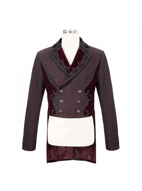 Gothic Retro Twill Stitching Weft Velvet Side Webbing Flower Decoration Wine Red Tailcoat