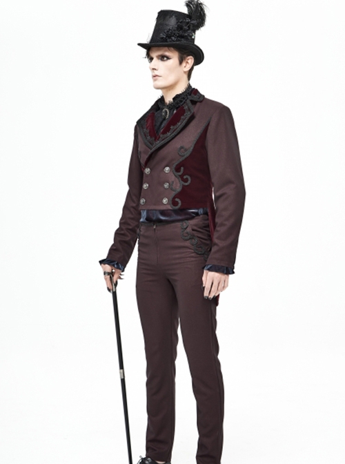 Gothic Retro Twill Stitching Weft Velvet Side Webbing Flower Decoration Wine Red Tailcoat