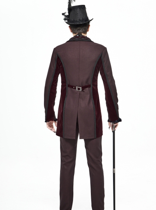 Gothic Retro Twill Stitching Weft Velvet Side Webbing Flower Decoration Wine Red Tailcoat