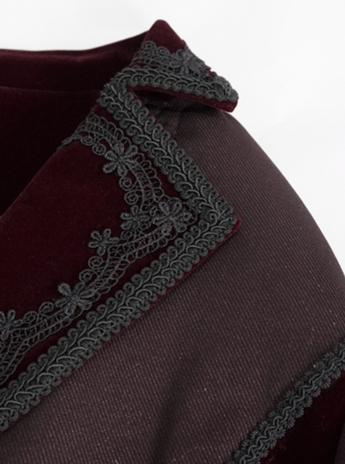 Gothic Retro Twill Stitching Weft Velvet Side Webbing Flower Decoration Wine Red Tailcoat