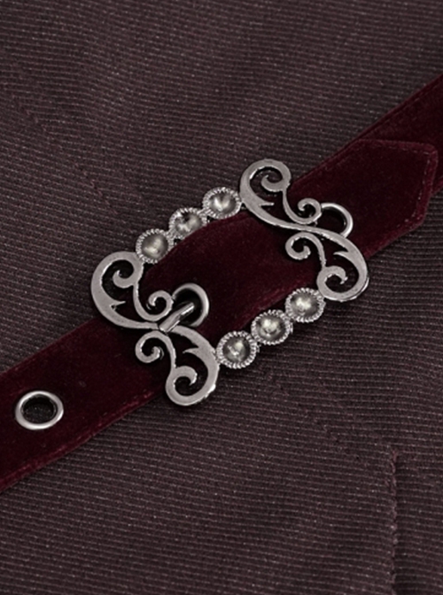 Gothic Retro Twill Stitching Weft Velvet Side Webbing Flower Decoration Wine Red Tailcoat