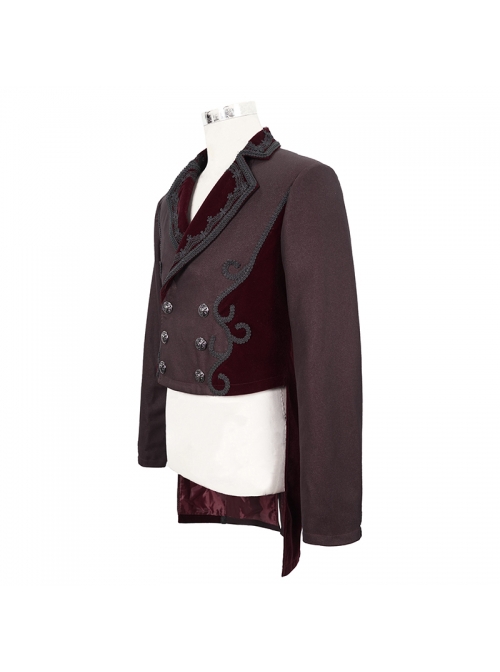 Gothic Retro Twill Stitching Weft Velvet Side Webbing Flower Decoration Wine Red Tailcoat