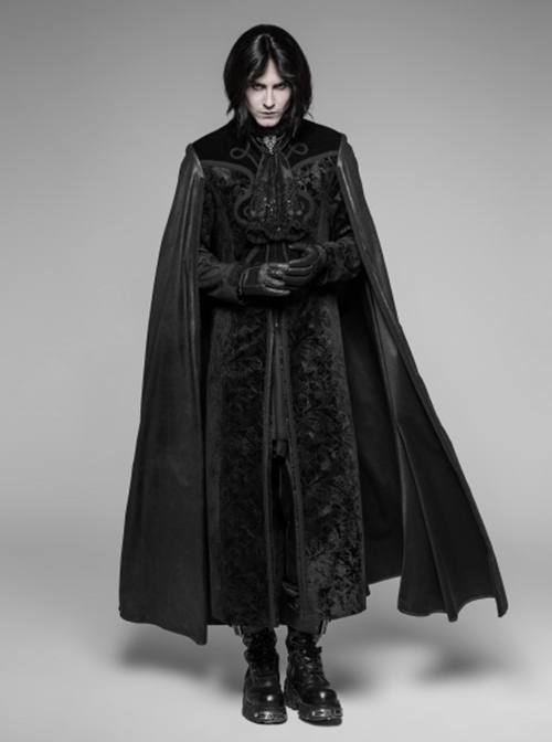 Gothic Style Stand Collar Luxury Embossed Velvet Exquisite Gem Cross Zipper Vintage Black Long Sleeves Cape Coat