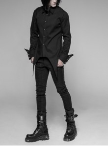 Gothic Style Lapel Exquisite Embroidery Applique Vintage Carved Metal Button Unique Bat Hem Black Long Sleeves Shirt