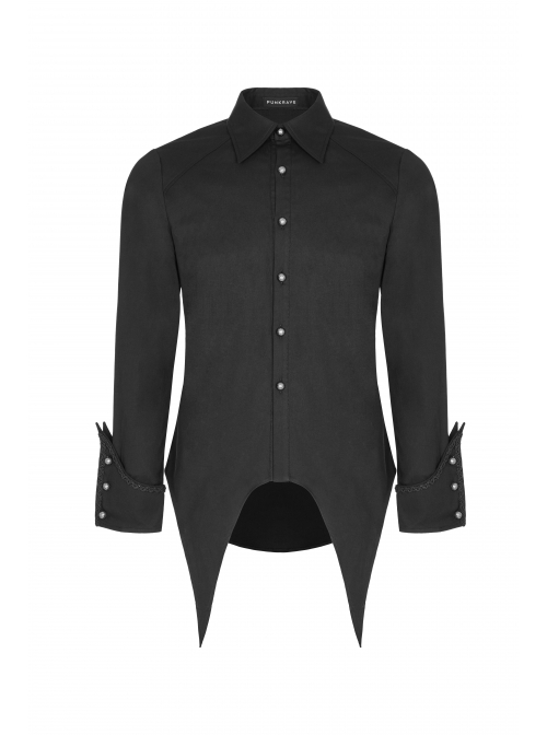 Gothic Style Lapel Exquisite Embroidery Applique Vintage Carved Metal Button Unique Bat Hem Black Long Sleeves Shirt