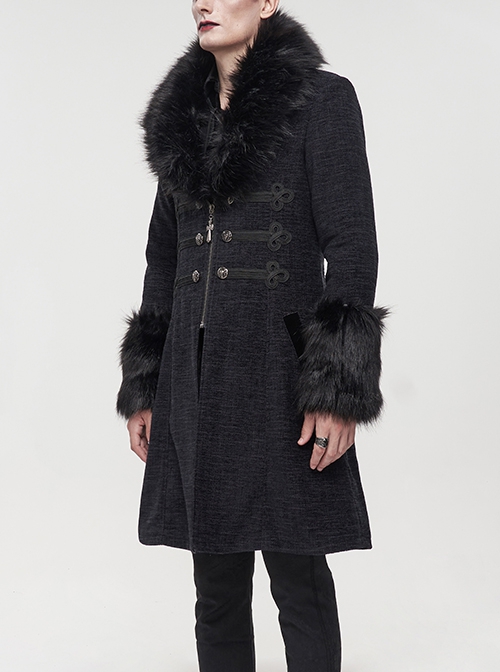 Gothic Style Simple Woven Front Center Lace Webbing Snap Button Detachable Plush Decoration Black Vintage Men's Coat