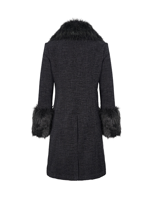 Gothic Style Simple Woven Front Center Lace Webbing Snap Button Detachable Plush Decoration Black Vintage Men's Coat