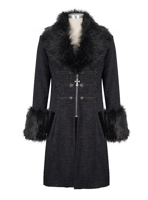 Gothic Style Simple Woven Front Center Lace Webbing Snap Button Detachable Plush Decoration Black Vintage Men's Coat