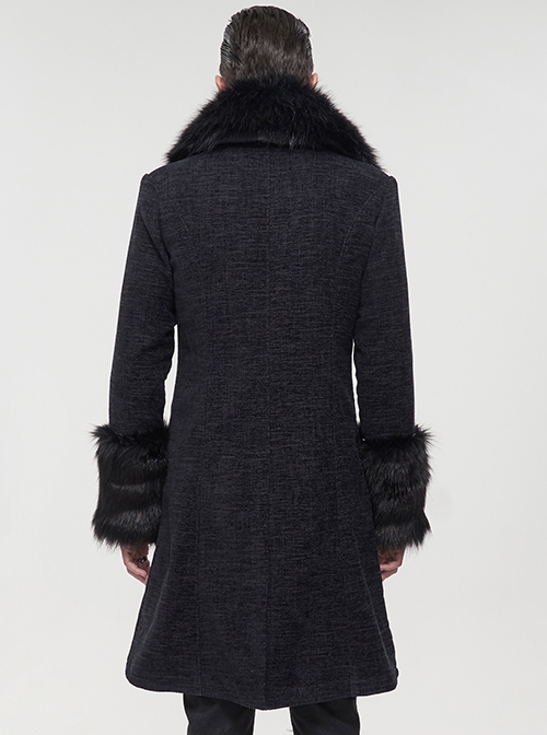 Gothic Style Simple Woven Front Center Lace Webbing Snap Button Detachable Plush Decoration Black Vintage Men's Coat