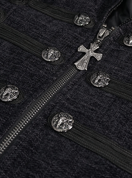 Gothic Style Simple Woven Front Center Lace Webbing Snap Button Detachable Plush Decoration Black Vintage Men's Coat