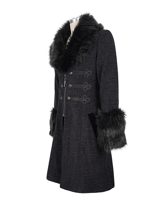 Gothic Style Simple Woven Front Center Lace Webbing Snap Button Detachable Plush Decoration Black Vintage Men's Coat