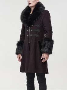 Gothic Style Simple Woven Front Center Lace Webbing Snap Button Detachable Plush Decoration Wine Red Vintage Men's Coat