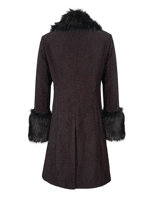 Gothic Style Simple Woven Front Center Lace Webbing Snap Button Detachable Plush Decoration Wine Red Vintage Men's Coat