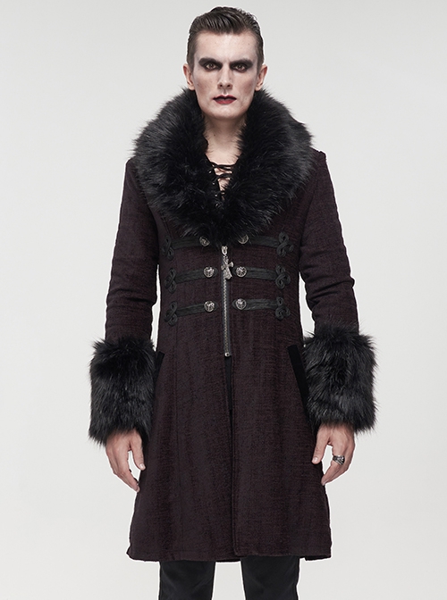 Gothic Style Simple Woven Front Center Lace Webbing Snap Button Detachable Plush Decoration Wine Red Vintage Men's Coat