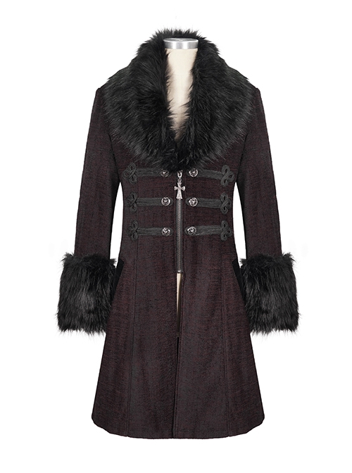 Gothic Style Simple Woven Front Center Lace Webbing Snap Button Detachable Plush Decoration Wine Red Vintage Men's Coat