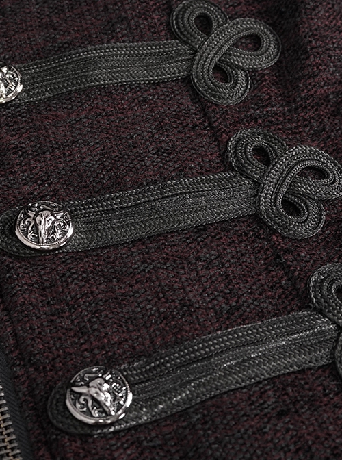 Gothic Style Simple Woven Front Center Lace Webbing Snap Button Detachable Plush Decoration Wine Red Vintage Men's Coat