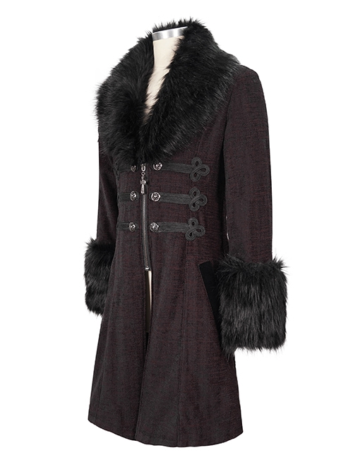 Gothic Style Simple Woven Front Center Lace Webbing Snap Button Detachable Plush Decoration Wine Red Vintage Men's Coat