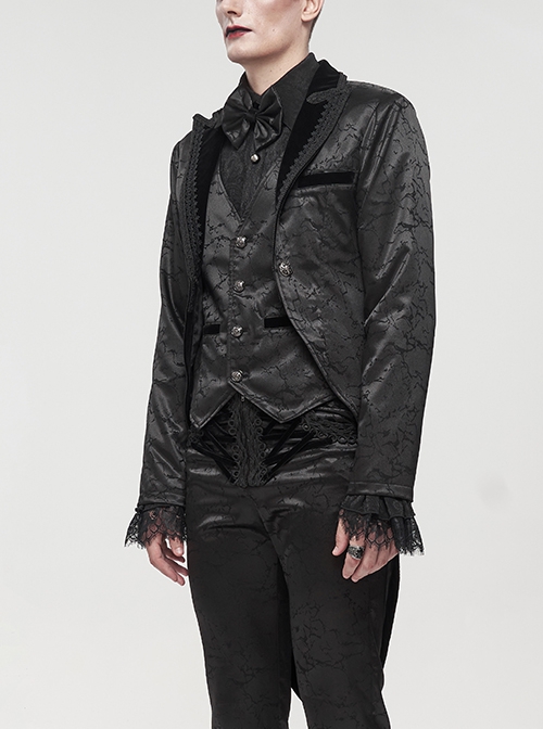 Gothic Style Exquisite Bright Velvet Print Splicing Lace Ribbon Side Button Decoration Men's Black Tailcoat