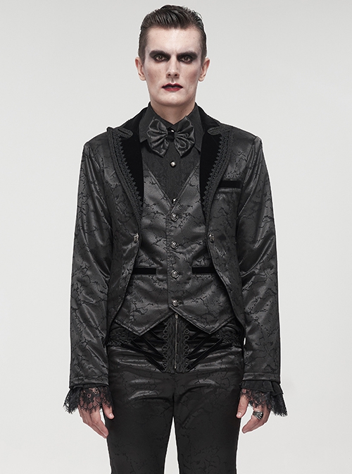 Gothic Style Exquisite Bright Velvet Print Splicing Lace Ribbon Side Button Decoration Men's Black Tailcoat