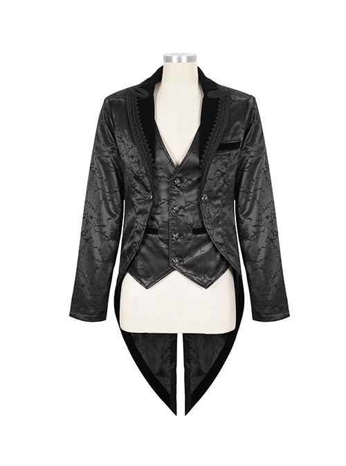 Gothic Style Exquisite Bright Velvet Print Splicing Lace Ribbon Side Button Decoration Men's Black Tailcoat