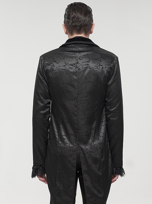 Gothic Style Exquisite Bright Velvet Print Splicing Lace Ribbon Side Button Decoration Men's Black Tailcoat