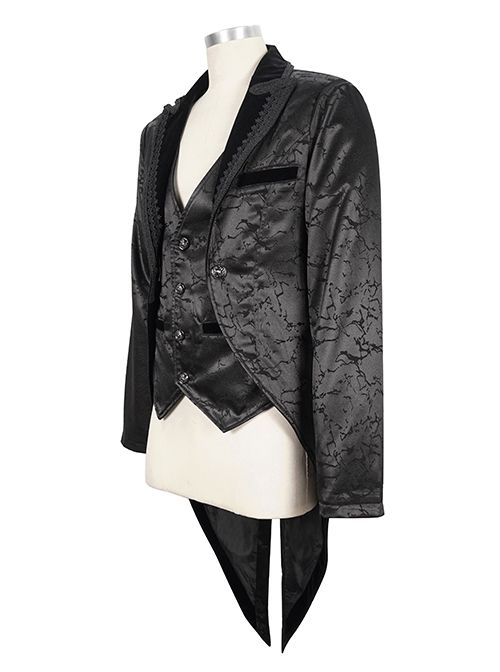 Gothic Style Exquisite Bright Velvet Print Splicing Lace Ribbon Side Button Decoration Men's Black Tailcoat