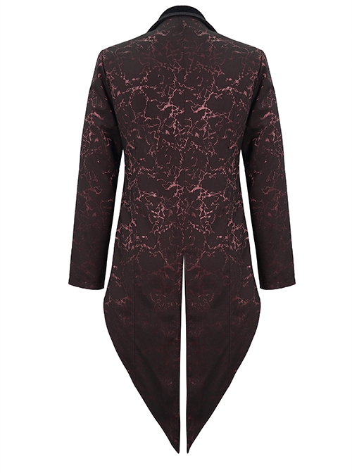 Gothic Style Exquisite Bright Velvet Print Splicing Lace Ribbon Side Button Decoration Men's Wine Red Tailcoat