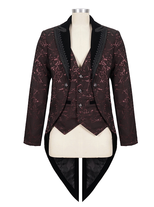 Gothic Style Exquisite Bright Velvet Print Splicing Lace Ribbon Side Button Decoration Men's Wine Red Tailcoat