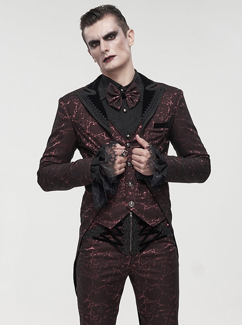 Gothic Style Exquisite Bright Velvet Print Splicing Lace Ribbon Side Button Decoration Men's Wine Red Tailcoat