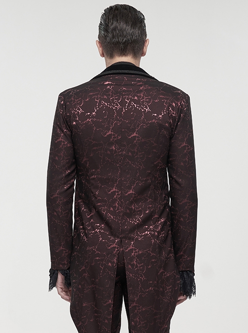 Gothic Style Exquisite Bright Velvet Print Splicing Lace Ribbon Side Button Decoration Men's Wine Red Tailcoat
