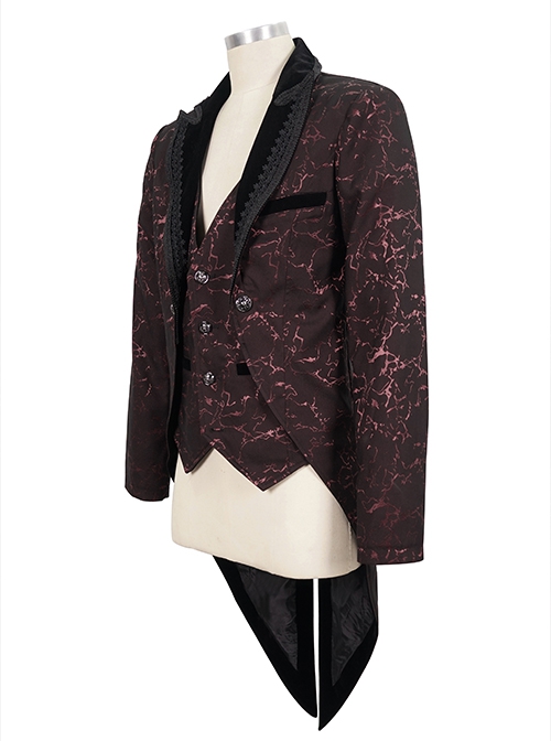 Gothic Style Exquisite Bright Velvet Print Splicing Lace Ribbon Side Button Decoration Men's Wine Red Tailcoat