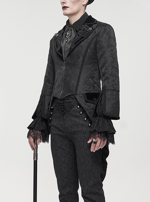 Gothic Style Exquisite Printed Velvet Collar Embroidered Appliqué With Flared Sleeves Black Drawstring Coat