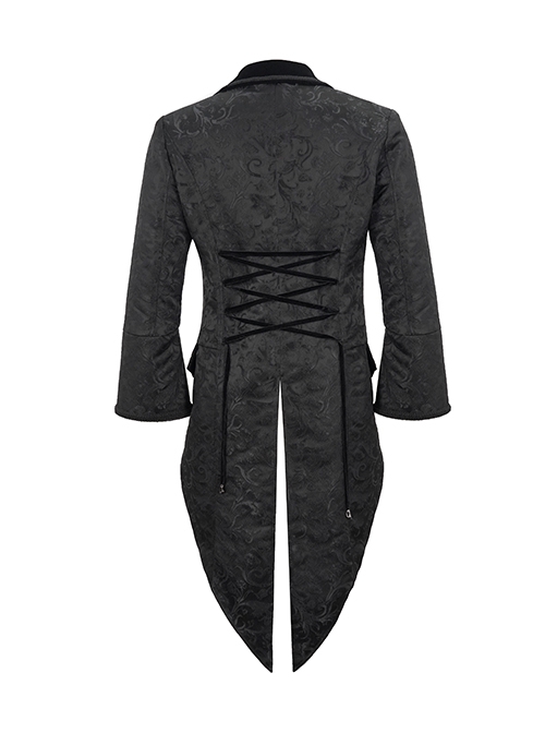 Gothic Style Exquisite Printed Velvet Collar Embroidered Appliqué With Flared Sleeves Black Drawstring Coat