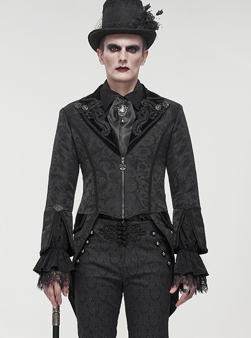 Gothic Style Exquisite Printed Velvet Collar Embroidered Appliqué With Flared Sleeves Black Drawstring Coat