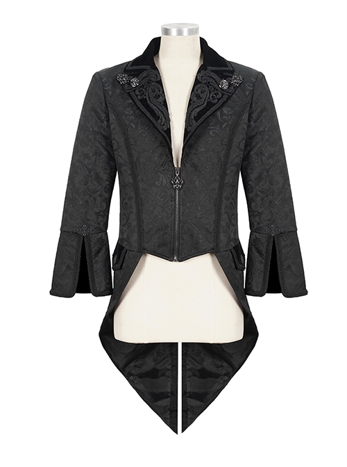 Gothic Style Exquisite Printed Velvet Collar Embroidered Appliqué With Flared Sleeves Black Drawstring Coat