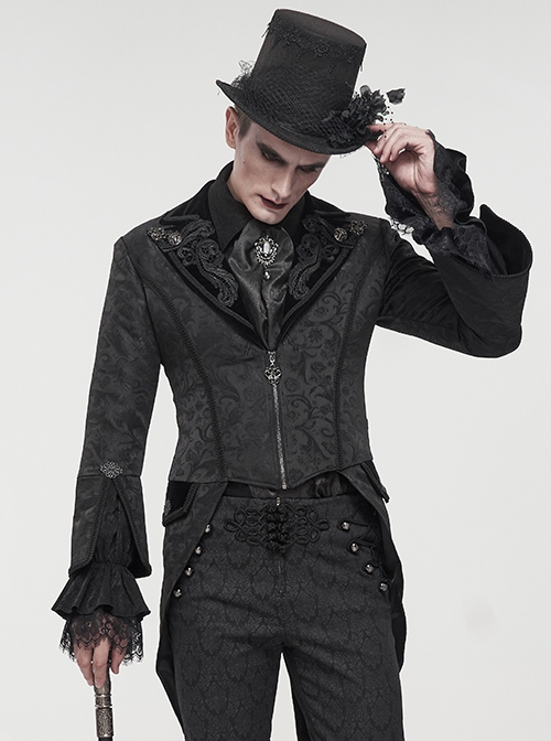 Gothic Style Exquisite Printed Velvet Collar Embroidered Appliqué With Flared Sleeves Black Drawstring Coat