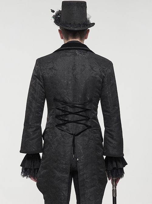 Gothic Style Exquisite Printed Velvet Collar Embroidered Appliqué With Flared Sleeves Black Drawstring Coat