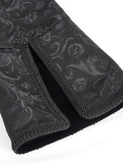 Gothic Style Exquisite Printed Velvet Collar Embroidered Appliqué With Flared Sleeves Black Drawstring Coat