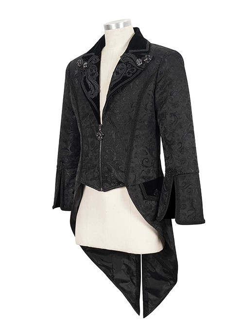 Gothic Style Exquisite Printed Velvet Collar Embroidered Appliqué With Flared Sleeves Black Drawstring Coat