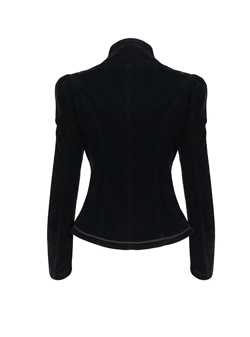 Gothic Style Soft Velvet Fabric Exquisite Applique On The Front Center Stand Collar With Metal Zipper Pendant Black Warm Long Sleeve Jacket