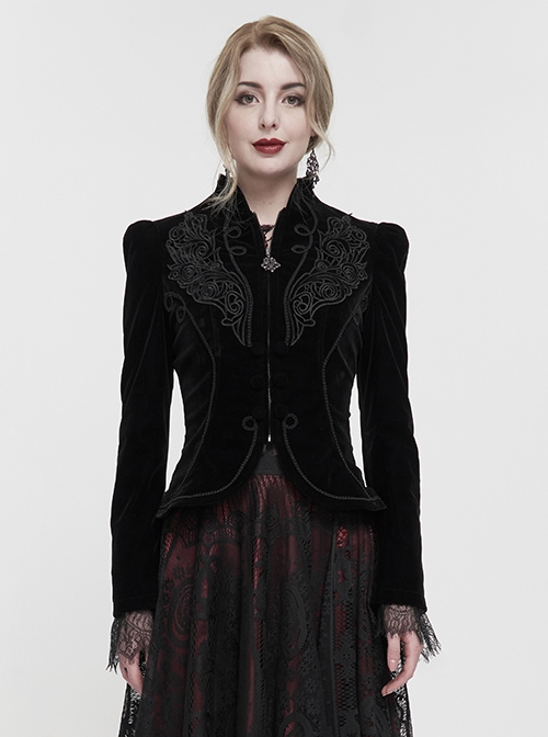 Gothic Style Soft Velvet Fabric Exquisite Applique On The Front Center Stand Collar With Metal Zipper Pendant Black Warm Long Sleeve Jacket