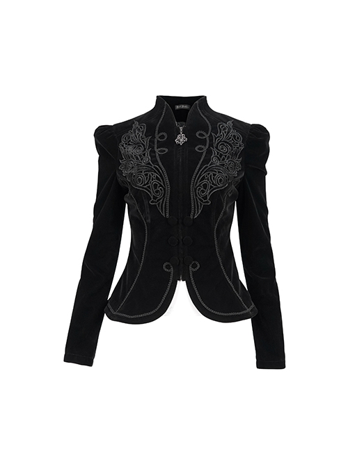 Gothic Style Soft Velvet Fabric Exquisite Applique On The Front Center Stand Collar With Metal Zipper Pendant Black Warm Long Sleeve Jacket