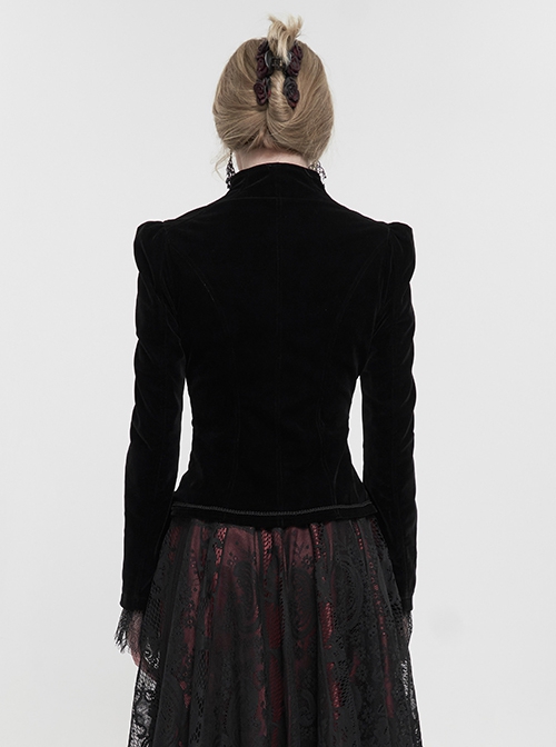 Gothic Style Soft Velvet Fabric Exquisite Applique On The Front Center Stand Collar With Metal Zipper Pendant Black Warm Long Sleeve Jacket
