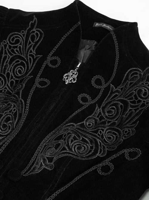 Gothic Style Soft Velvet Fabric Exquisite Applique On The Front Center Stand Collar With Metal Zipper Pendant Black Warm Long Sleeve Jacket