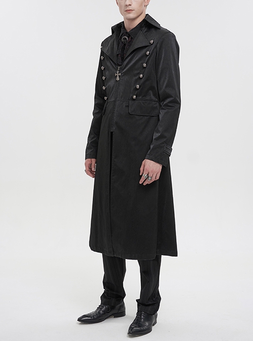 Gothic Style Handsome Double Breasted Front Center Metal Cross Zipper Pendant Black Long Lapel Coat
