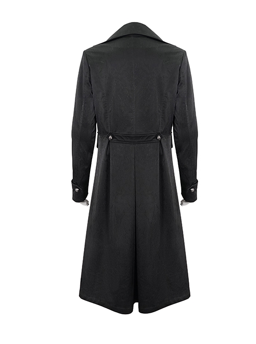 Gothic Style Handsome Double Breasted Front Center Metal Cross Zipper Pendant Black Long Lapel Coat