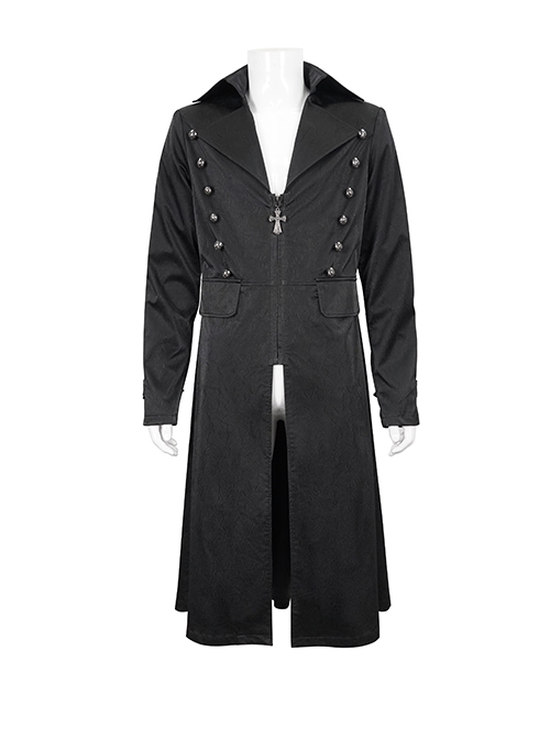 Gothic Style Handsome Double Breasted Front Center Metal Cross Zipper Pendant Black Long Lapel Coat