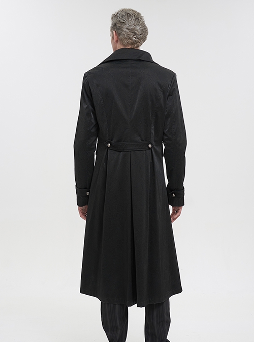Gothic Style Handsome Double Breasted Front Center Metal Cross Zipper Pendant Black Long Lapel Coat