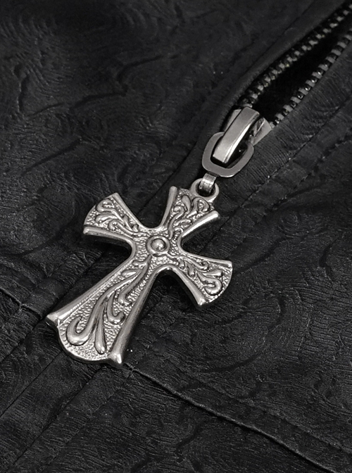 Gothic Style Handsome Double Breasted Front Center Metal Cross Zipper Pendant Black Long Lapel Coat