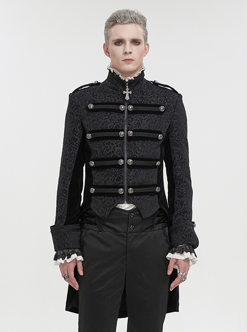 Gothic Style Exquisite Printed Silk Front Center Metal Button With Cross Pendant Zipper Black Slit Stand Collar Vintage Jacket
